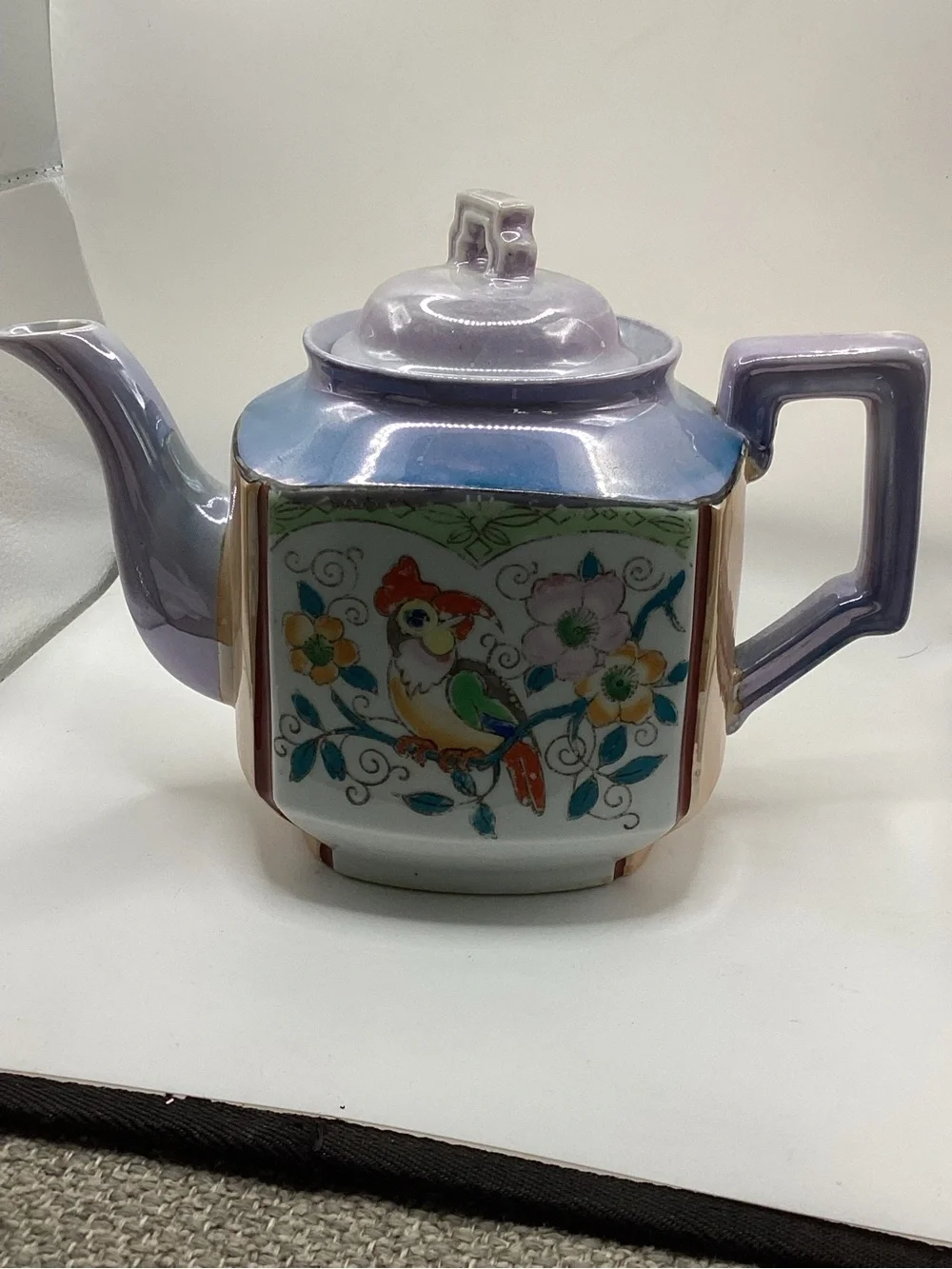 vintage, hand-painted lusterware teapot with floral, bird, tree painting